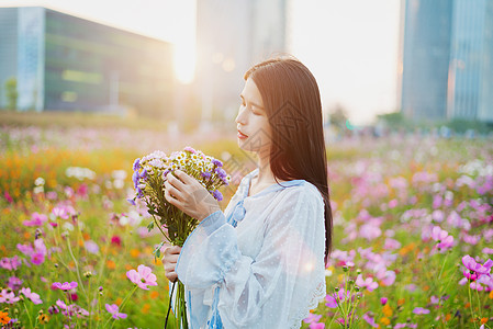 少女捧花花海中的少女背景