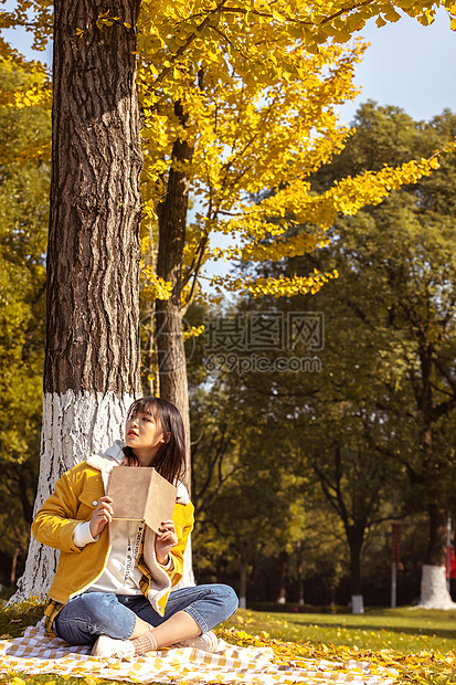 坐在银杏树下看书的甜美女孩图片