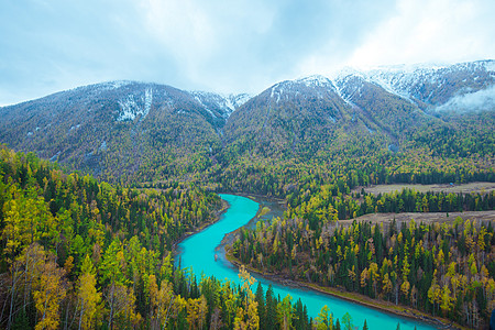 新疆喀纳斯月亮湾秋色背景