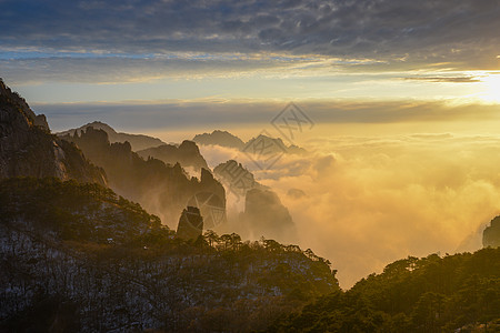 侧逆光安徽黄山日落美景背景