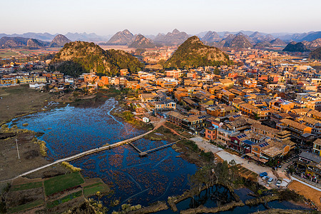 喀斯特地貌云南普者黑农田村庄航拍背景