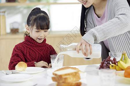 中国儿童妈妈给女儿倒牛奶背景