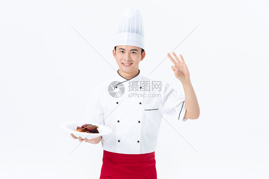 厨师手捧红烧肉菜品ok手势