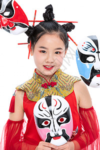 京剧中国风潮流儿童拿着京剧面具背景