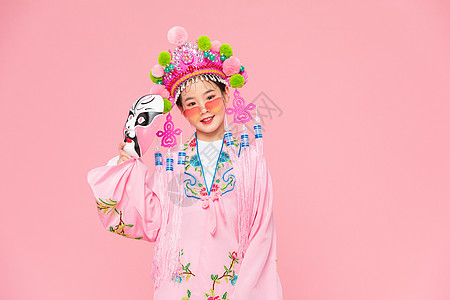 中国风潮流儿童拿着京剧面具图片