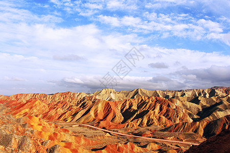 蓝天绿水大西北张掖七彩丹霞地貌风光绚丽宏伟背景