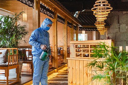 餐饮餐厅餐饮复工前的消毒打扫背景