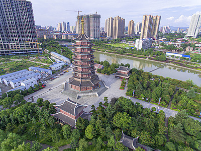 航拍湖南怀化听溪阁古塔背景