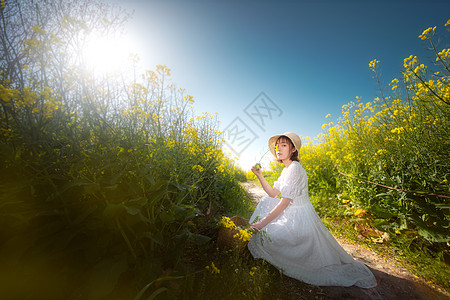 油菜花背景唯美油菜花踏青美女背景