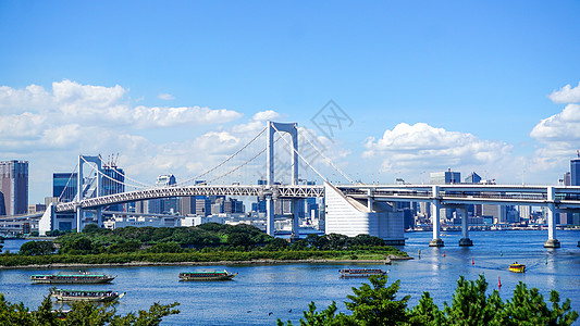 台场购物广场蓝天白云下的日本东京台场彩虹大桥背景