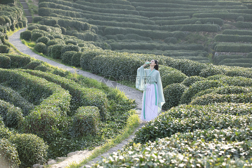 汉服古装美女在茶园里饮茶