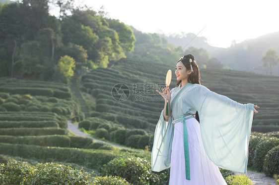 汉服古装美女茶园里跳舞图片