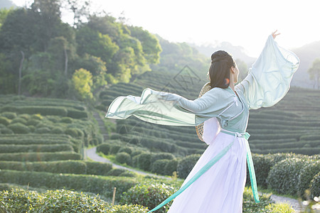 汉服古装美女茶园里跳舞高清图片