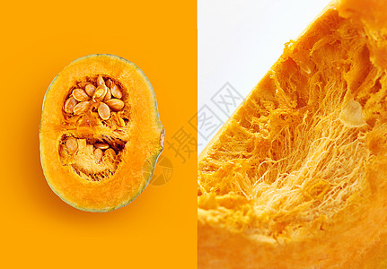 在橙黄色背景中的切开一半的小南瓜图片