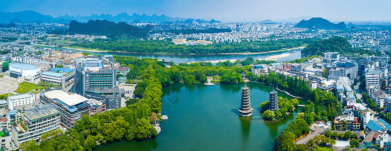 蓝天白云全景图航拍全景图桂林风光漓江日月双塔旅游城市背景