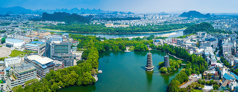航拍全景图桂林风光漓江日月双塔旅游城市背景图片