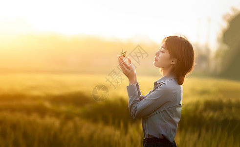 节气芒种麦田丰收清新美女背景