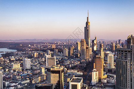 侗族鼓楼南京商务区现代建筑夕阳背景