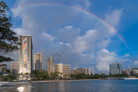 夏威夷檀香山威基基海滩希尔顿酒店彩虹背景