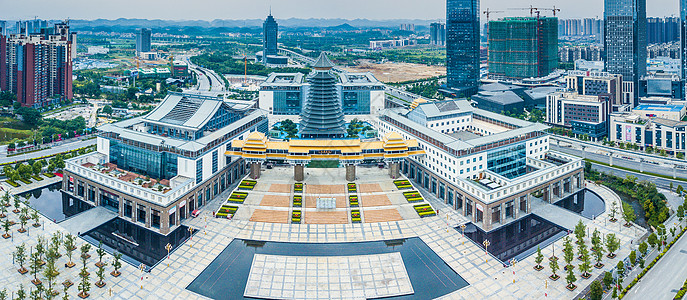 全景航拍城市建筑一院两馆图书馆博物馆大剧院图片