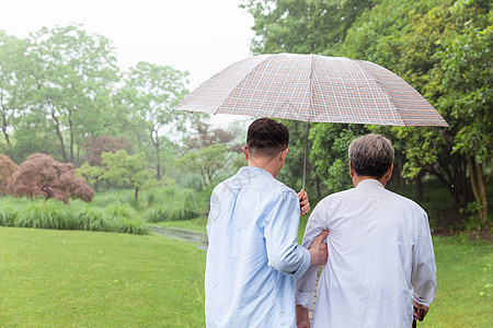 九九重阳中老年父子下雨天撑伞逛公园背影背景