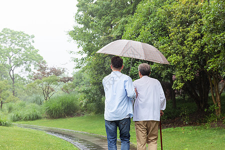 父亲和儿子中老年父子下雨天撑伞逛公园背影背景