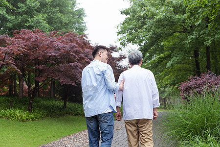 中老年人相伴逛公园背影图片