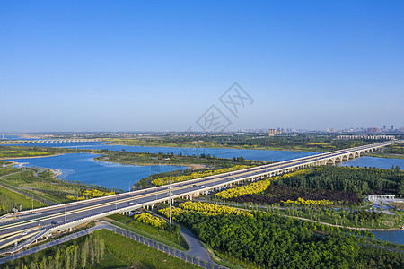 湿地公园航拍石家庄滹沱河湿地大桥公路背景