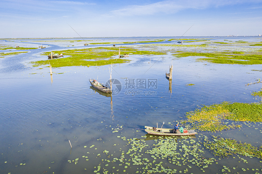 苏州太湖渔船渔业航拍图片