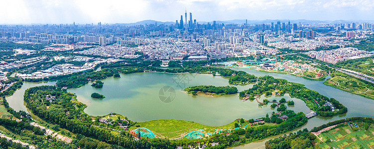 公园湖水航拍全景海珠湖公园城市建筑群背景