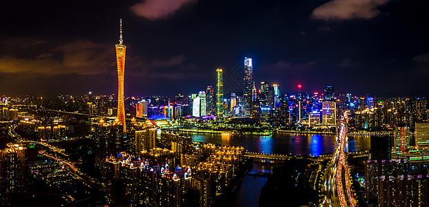 广州沙面夜景全景航拍广州城市夜景车流猎德大桥背景