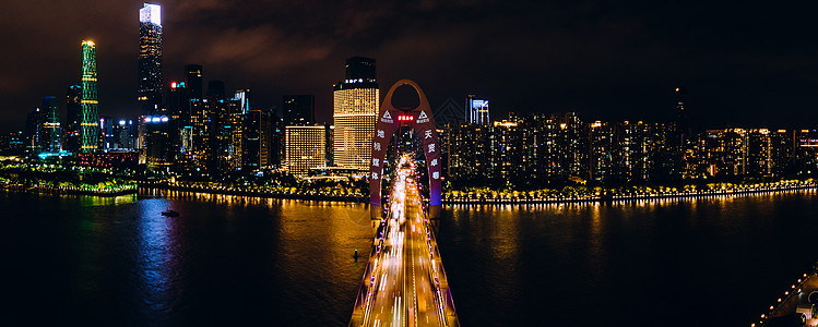 全景航拍广州夜景猎德大桥城市建筑灯火马路高清图片素材