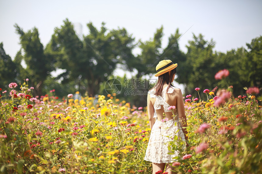 花丛中美女背影