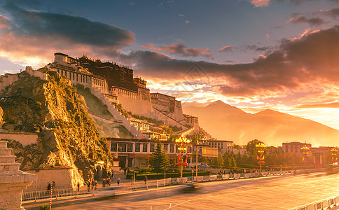 秋天天空日落金色的布达拉宫风景背景