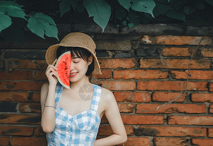 幸福女夏季可爱的西瓜女孩背景