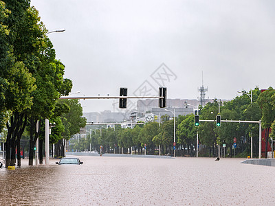 洪水淹没了城市城市暴雨街道洪水内涝背景