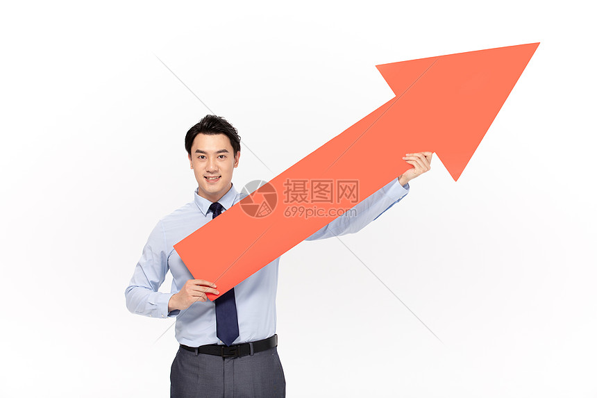 商务男性拿上升趋势箭头