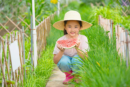 女孩在农场手拿一块西瓜背景图片