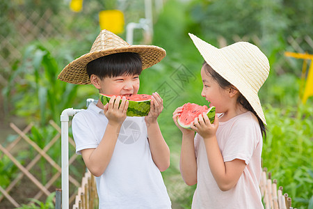 端着西瓜男孩男孩和女孩在农场吃西瓜背景