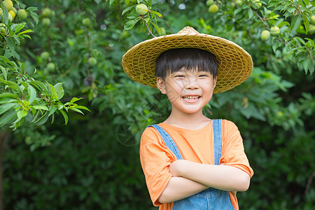 壮志在我胸小男孩在果园抱胸微笑背景