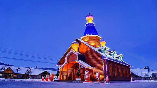 冬日旅游冬天黑龙江省大兴安岭漠河北红村教堂背景