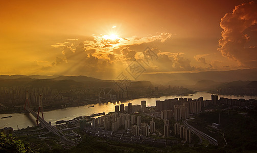 平湖夕阳霞光万丈背景