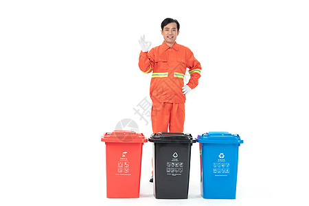 垃圾桶标识介绍垃圾分类的环卫工人OK手势背景