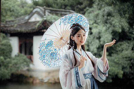 古风女人中国风古风汉服美女雨中撑伞背景