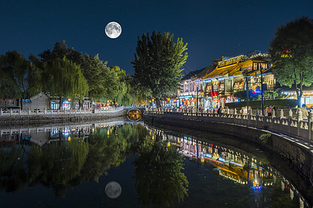 北京夜景中秋赏月什刹海后海背景