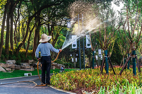 夏手绘夏天公园里给花草树木浇水的园林工人背景