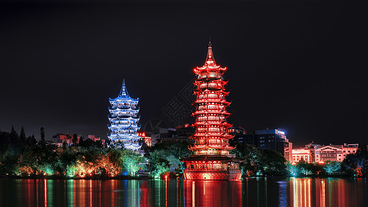 广西桂林日月双塔夜景高清图片