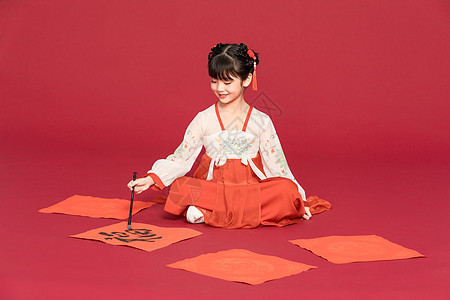 中国儿童古风汉服中国风小女孩写毛笔字背景
