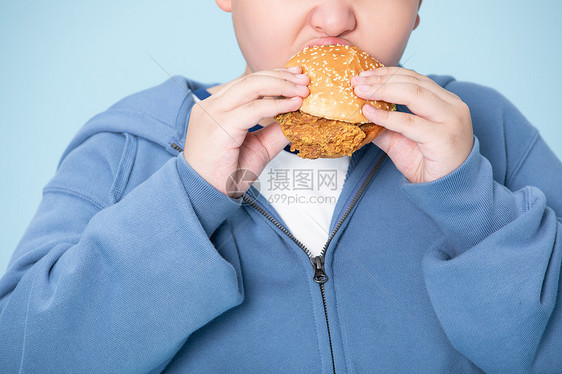 小男孩大口吃汉堡肥胖的男孩特写图片