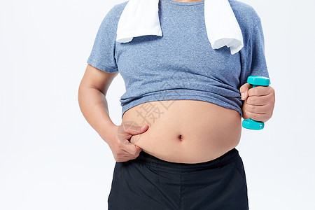 中年肥胖男性举哑铃运动减肥特写背景图片